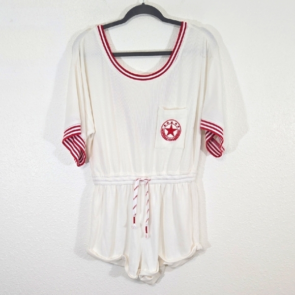 Anthropologie Pants - *NWT* Anthropologie Ivory/Red Deep V-Back Waffle Knit Romper Nautical Trendy, S
